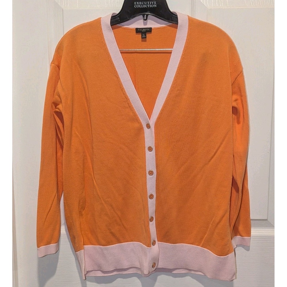 Preppy Colorblock Cardigan Orange Pink Talbots Petite MP Cotton Blend